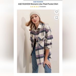 AQE Fashion Women's Plaid Flannel Lilac Purple Oversized Shacket XS